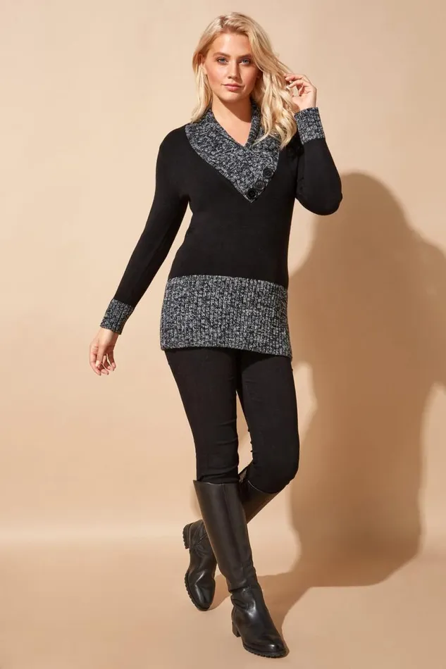 Black VNeck Overlap Button Detail Longline Jumper Women Roman Knitwear