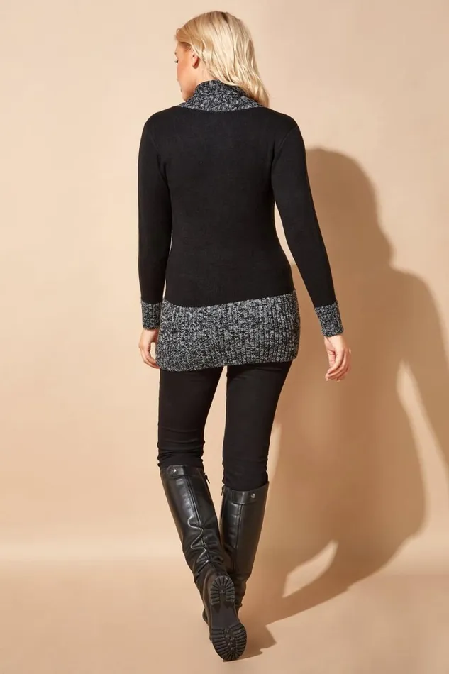 Black VNeck Overlap Button Detail Longline Jumper Women Roman Knitwear