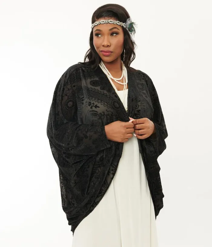 Black Velvet Deco Burnout Kimono ClothingPlus Unique Vintage Jackets