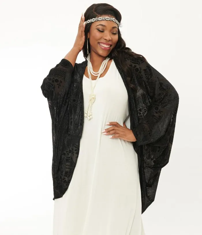 Black Velvet Deco Burnout Kimono ClothingPlus Unique Vintage Jackets