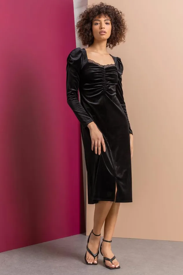 Black Velvet Lace Trim Ruched Midi Dress Women Roman Dresses