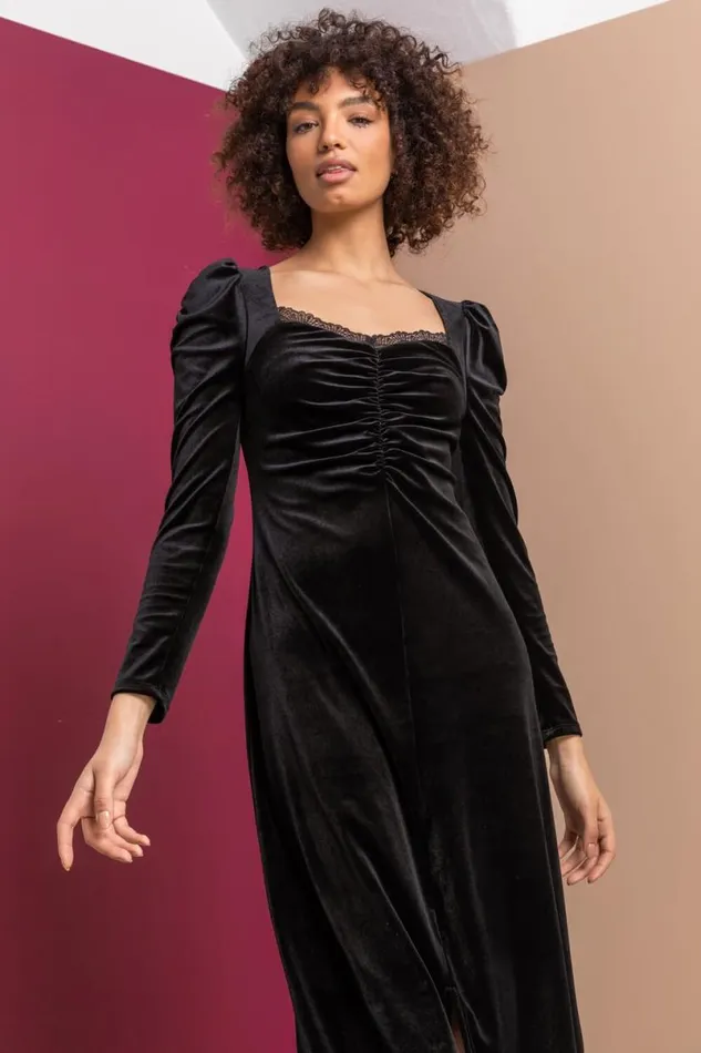 Black Velvet Lace Trim Ruched Midi Dress Women Roman Dresses
