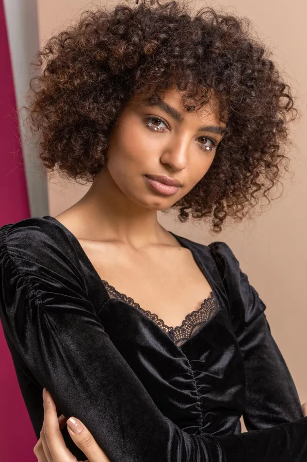 Black Velvet Lace Trim Ruched Midi Dress Women Roman Dresses