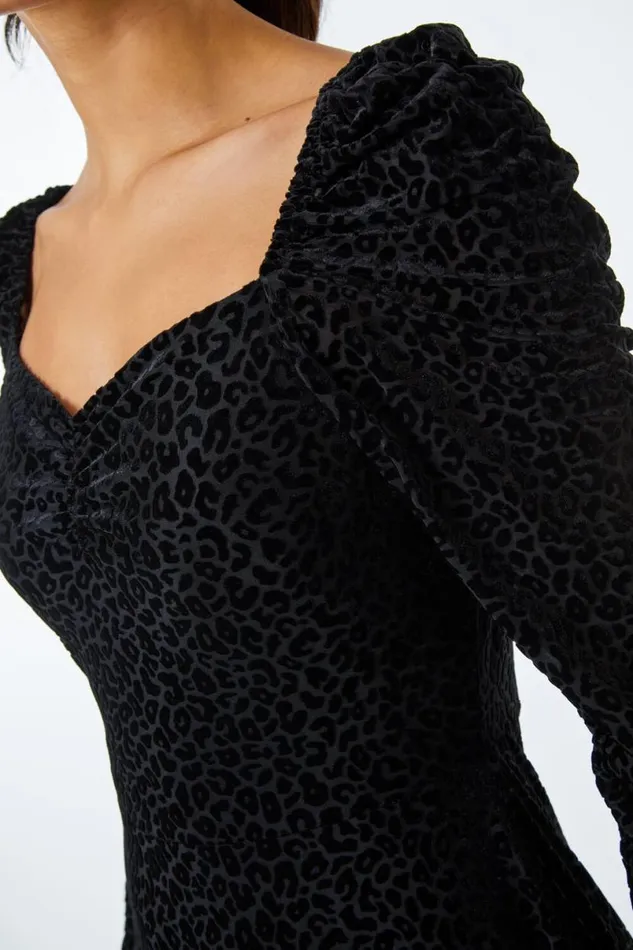 Black Velvet Leopard Print Sweetheart Neck Dress Women Roman Dresses
