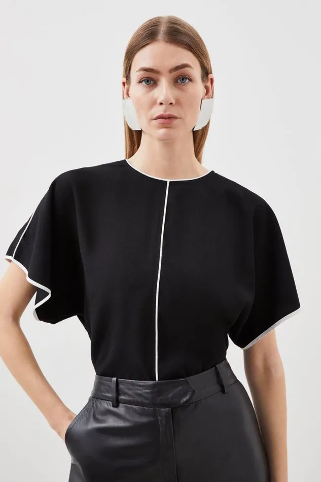 Blouses Women Karen Millen Mono Satin Back Woven Crepe Contrast Batwing Blouse Black