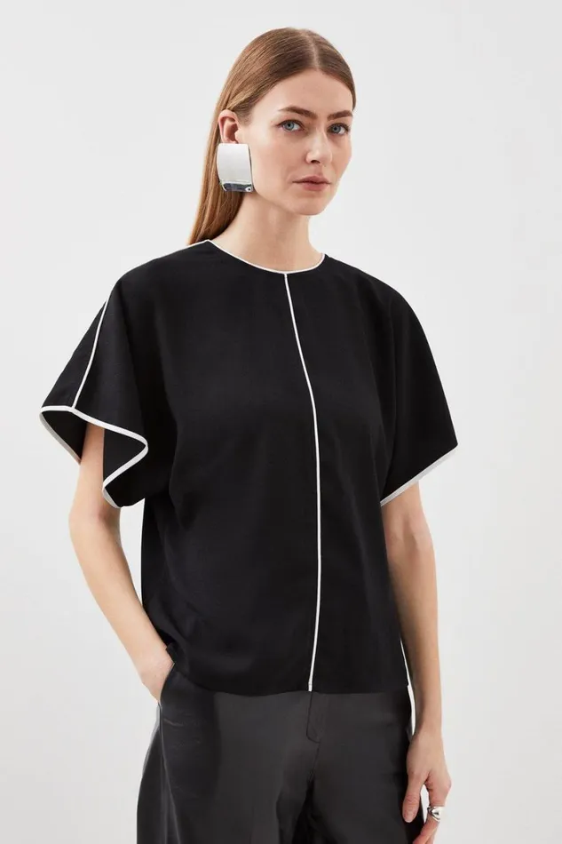 Blouses Women Karen Millen Mono Satin Back Woven Crepe Contrast Batwing Blouse Black