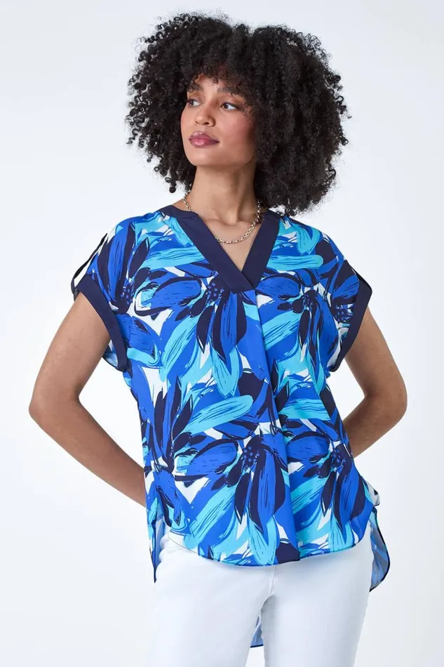Blue Abstract Floral Print Contrast Trim Top Women Roman Tops