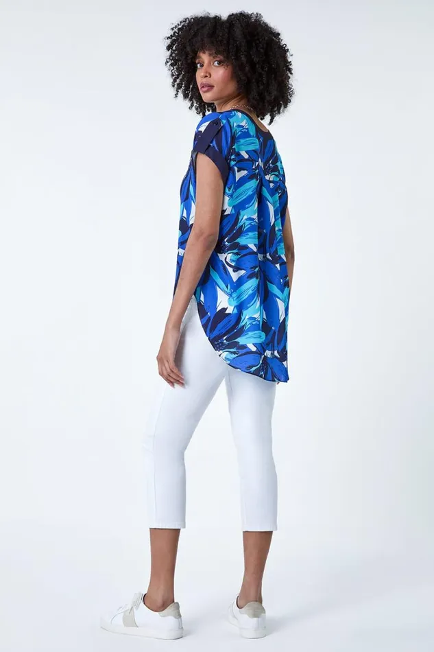 Blue Abstract Floral Print Contrast Trim Top Women Roman Tops