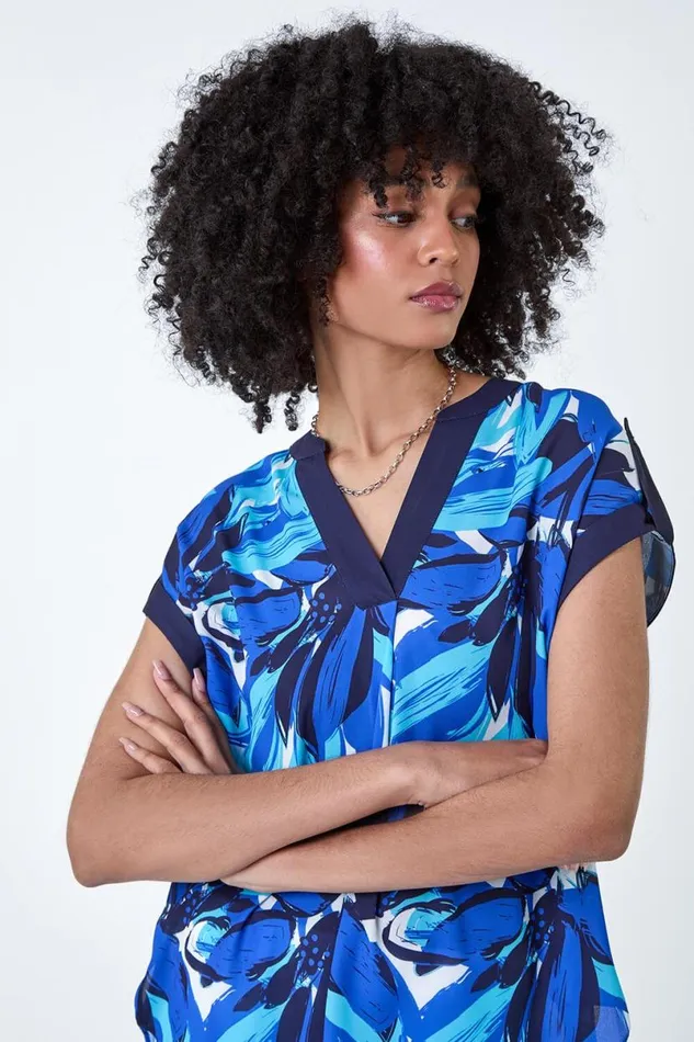Blue Abstract Floral Print Contrast Trim Top Women Roman Tops