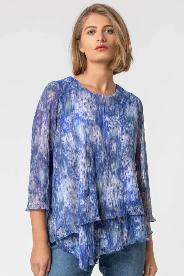 Blue Abstract Metallic Plisse Asymmetric Top Women Roman Tops