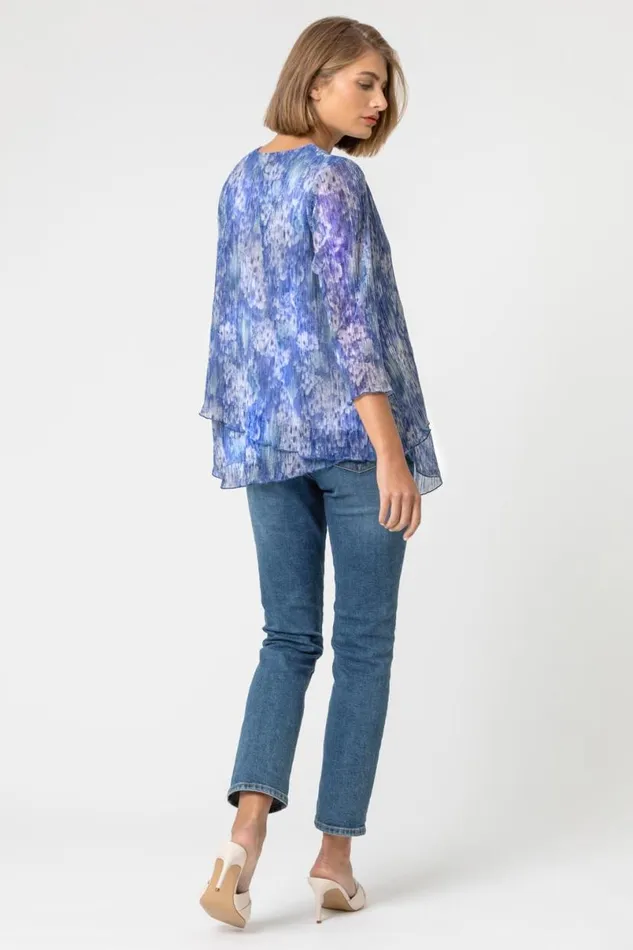 Blue Abstract Metallic Plisse Asymmetric Top Women Roman Tops