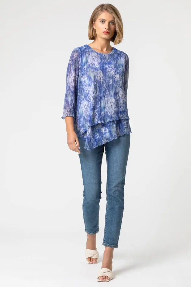 Blue Abstract Metallic Plisse Asymmetric Top Women Roman Tops