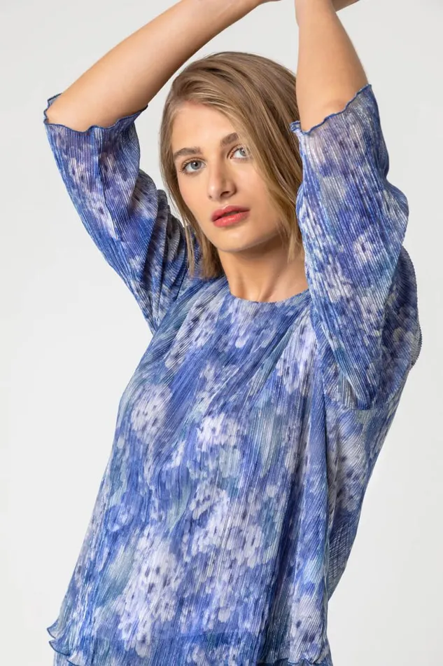 Blue Abstract Metallic Plisse Asymmetric Top Women Roman Tops