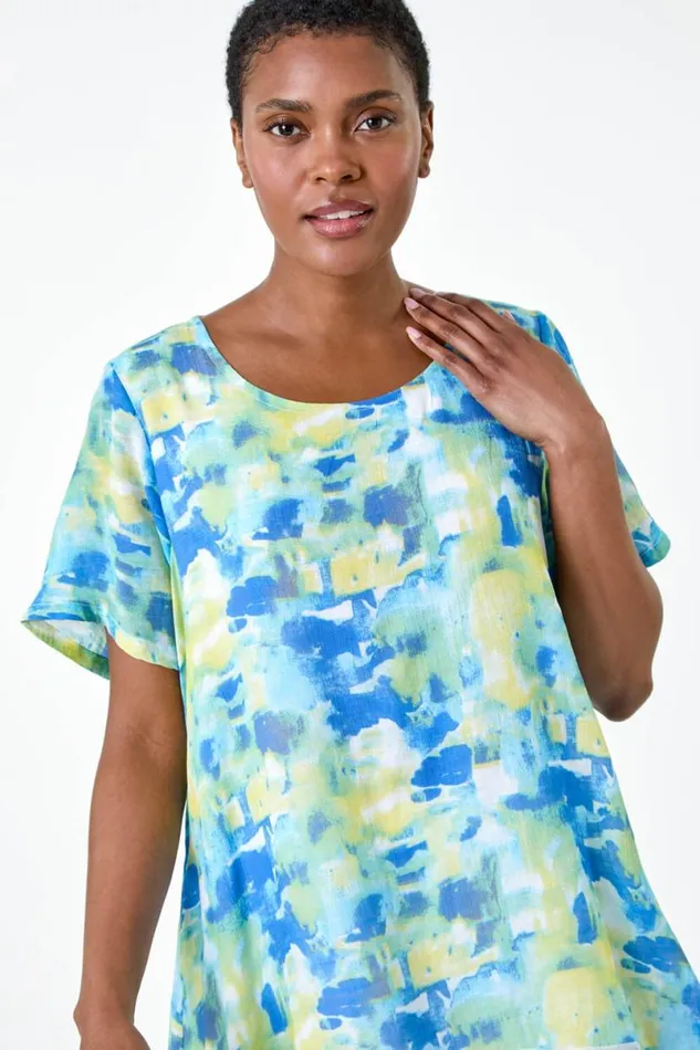 Blue Abstract Print Hanky Hem Overlay Top Women Roman Tops