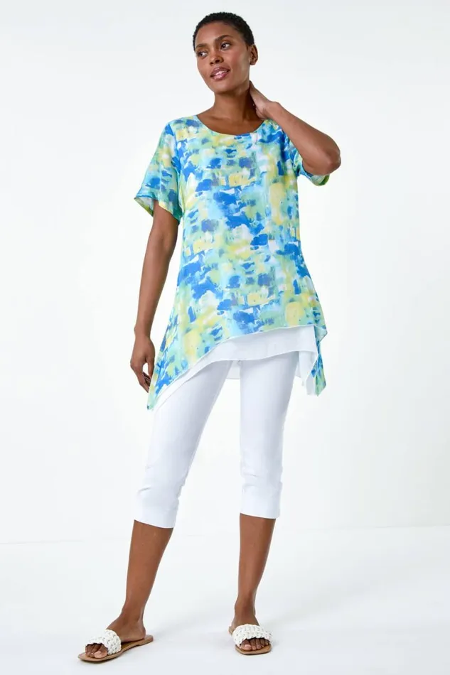 Blue Abstract Print Hanky Hem Overlay Top Women Roman Tops