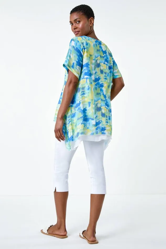 Blue Abstract Print Hanky Hem Overlay Top Women Roman Tops