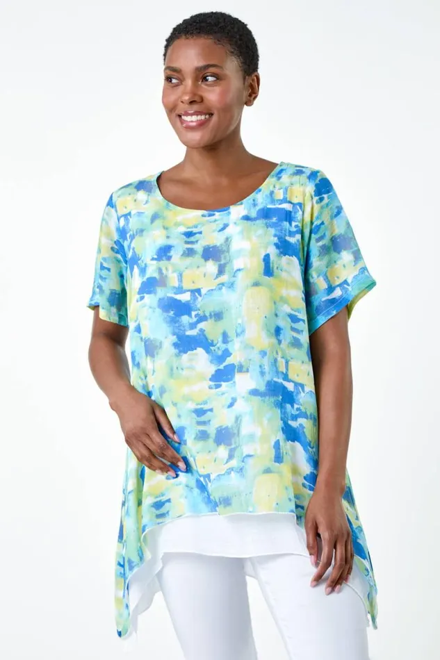 Blue Abstract Print Hanky Hem Overlay Top Women Roman Tops