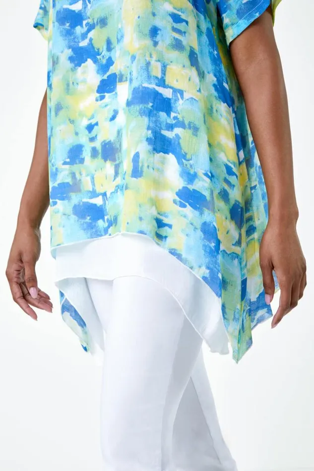 Blue Abstract Print Hanky Hem Overlay Top Women Roman Tops