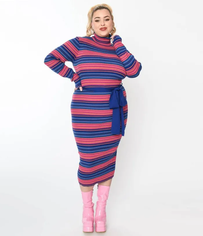 Blue and Fuchsia Striped Midi Bodycon Dress DressesPlus Unique Vintage Pencil