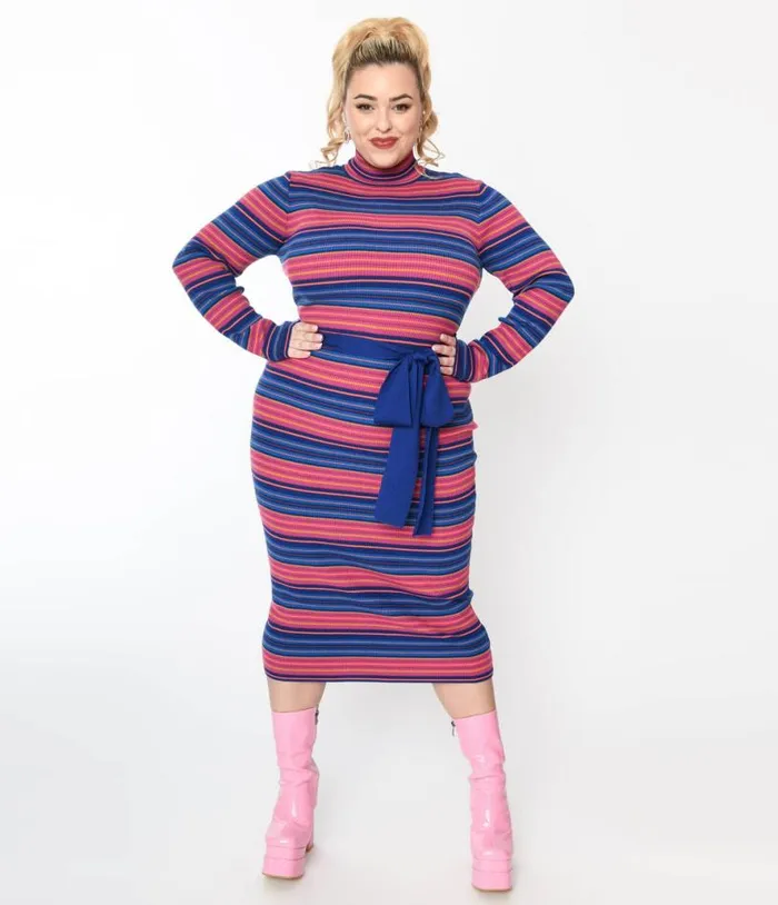 Blue and Fuchsia Striped Midi Bodycon Dress DressesPlus Unique Vintage Pencil