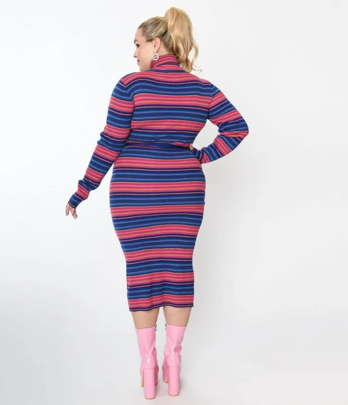 Blue and Fuchsia Striped Midi Bodycon Dress DressesPlus Unique Vintage Pencil