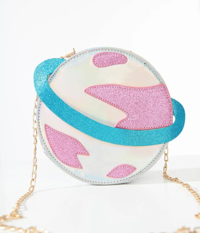 Blue and Pink Glitter Saturn Planet Crossbody Bag Accessories Unique Vintage Novelty Bags Blue and Pink Glitter Saturn Planet Crossbody Bag Accessories Unique Vintage Novelty Bags