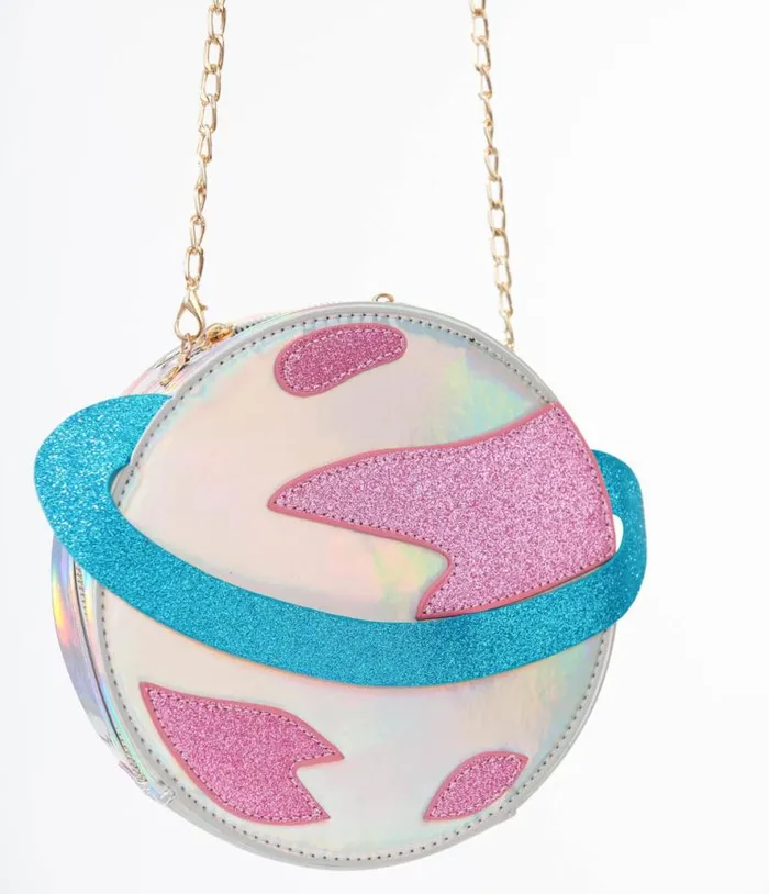 Blue and Pink Glitter Saturn Planet Crossbody Bag Accessories Unique Vintage Novelty Bags