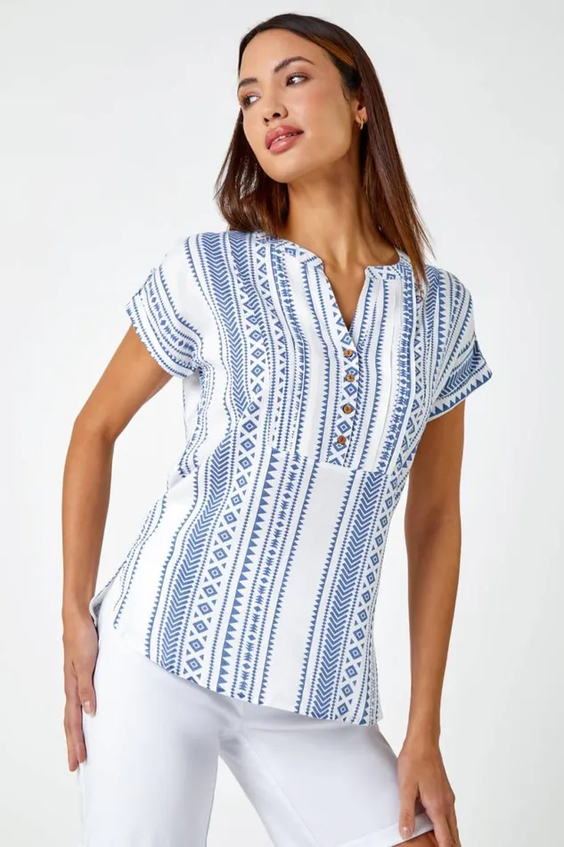 Blue Aztec Print Button VNeck Detail Top Women Roman Tops