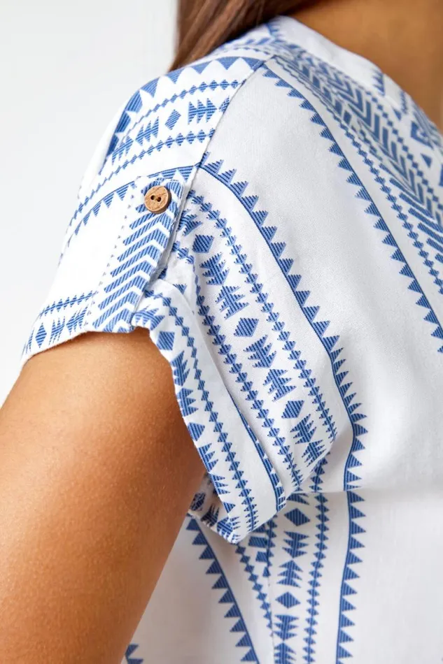 Blue Aztec Print Button VNeck Detail Top Women Roman Tops