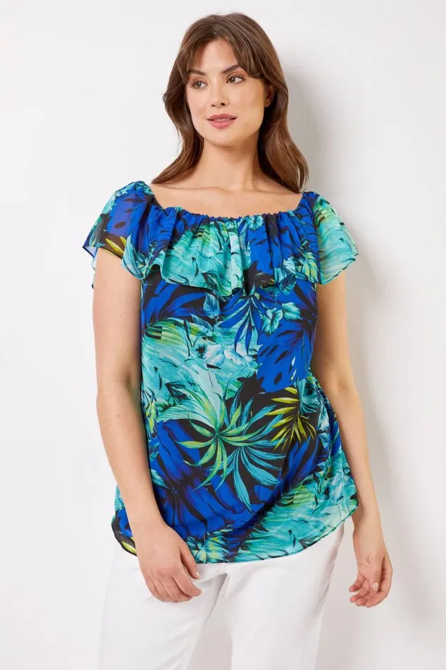 Blue Curve Tropical Print Chiffon Bardot Top Women Roman Tops