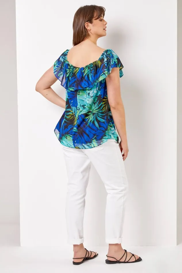Blue Curve Tropical Print Chiffon Bardot Top Women Roman Tops