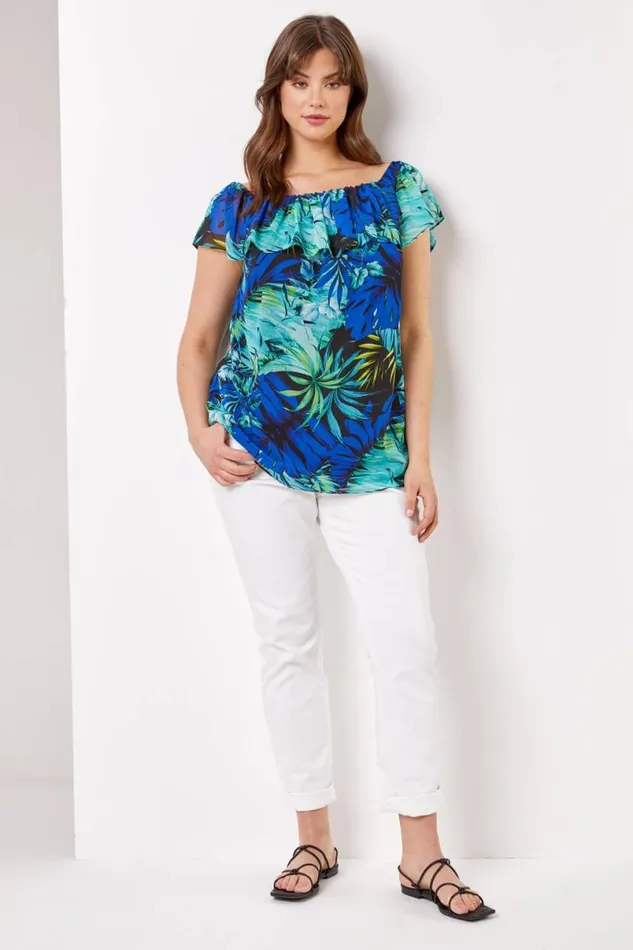 Blue Curve Tropical Print Chiffon Bardot Top Women Roman Tops