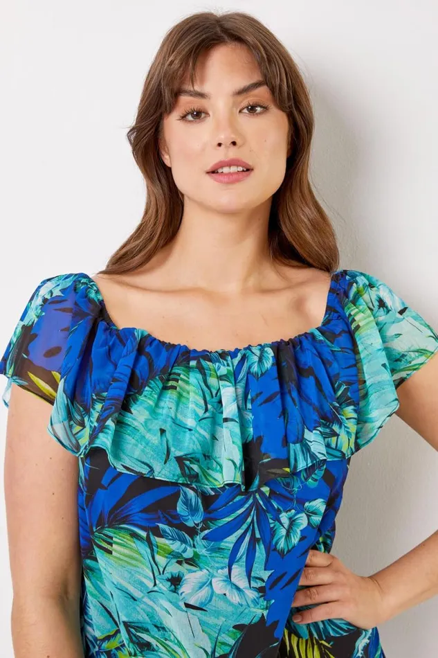 Blue Curve Tropical Print Chiffon Bardot Top Women Roman Tops