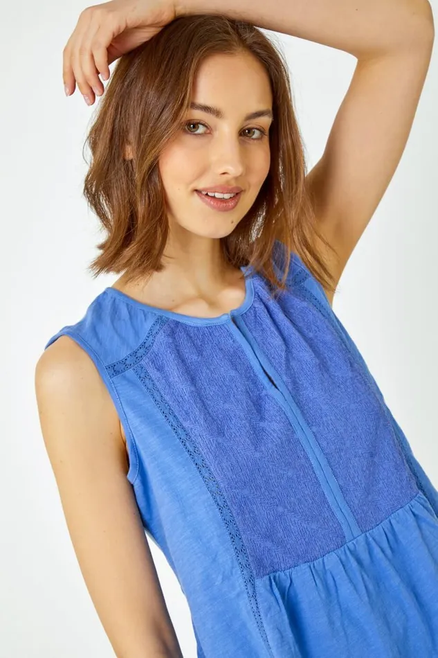 Blue Embroidered Peplum Cotton Vest Women Roman Tops