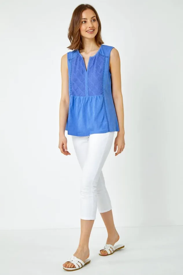 Blue Embroidered Peplum Cotton Vest Women Roman Tops