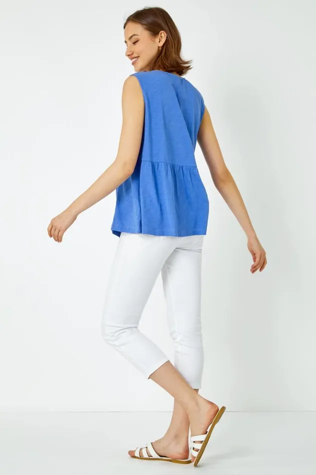 Blue Embroidered Peplum Cotton Vest Women Roman Tops