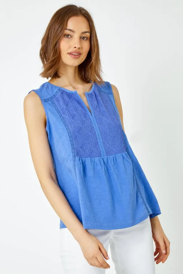 Blue Embroidered Peplum Cotton Vest Women Roman Tops