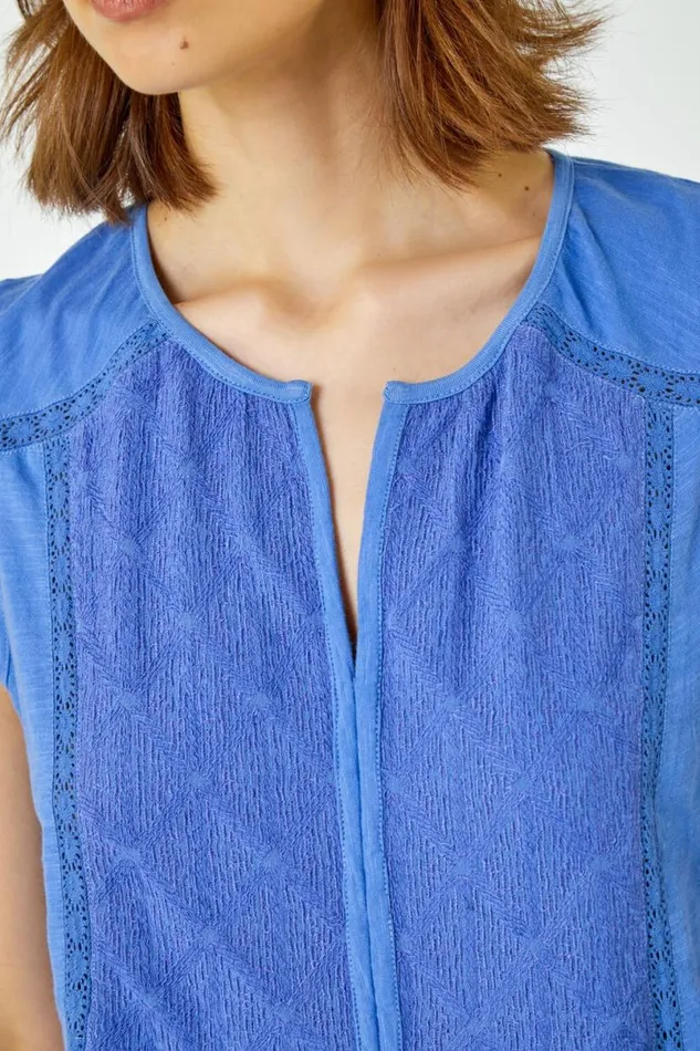 Blue Embroidered Peplum Cotton Vest Women Roman Tops