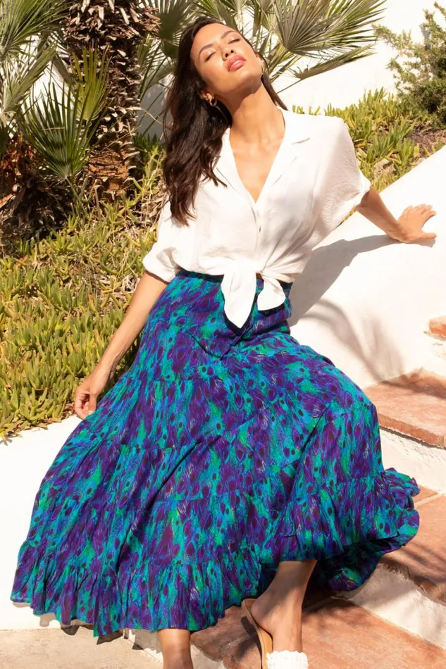 Blue Feather Print Tiered Cotton Maxi Skirt Women Roman Skirts