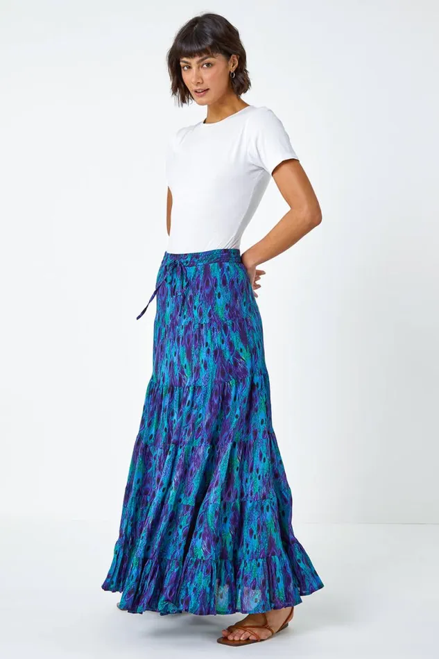 Blue Feather Print Tiered Cotton Maxi Skirt Women Roman Skirts