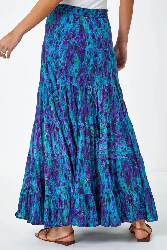 Blue Feather Print Tiered Cotton Maxi Skirt Women Roman Skirts