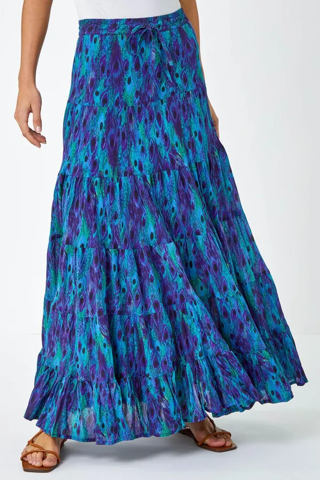 Blue Feather Print Tiered Cotton Maxi Skirt Women Roman Skirts