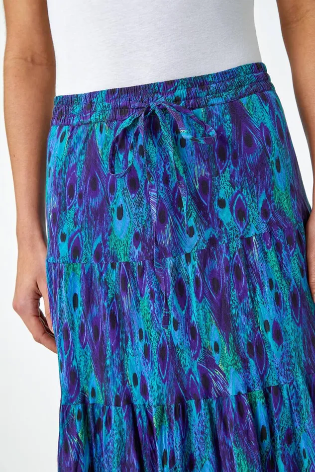 Blue Feather Print Tiered Cotton Maxi Skirt Women Roman Skirts
