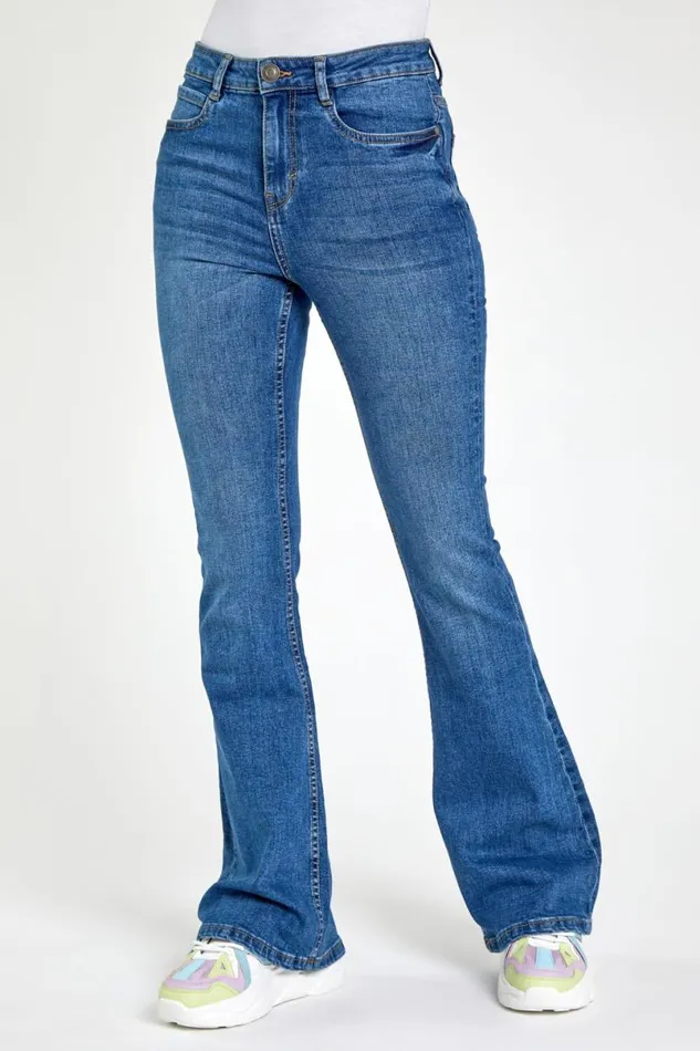 Blue Flared High Waist Cotton Jeans Women Roman Occasionwear