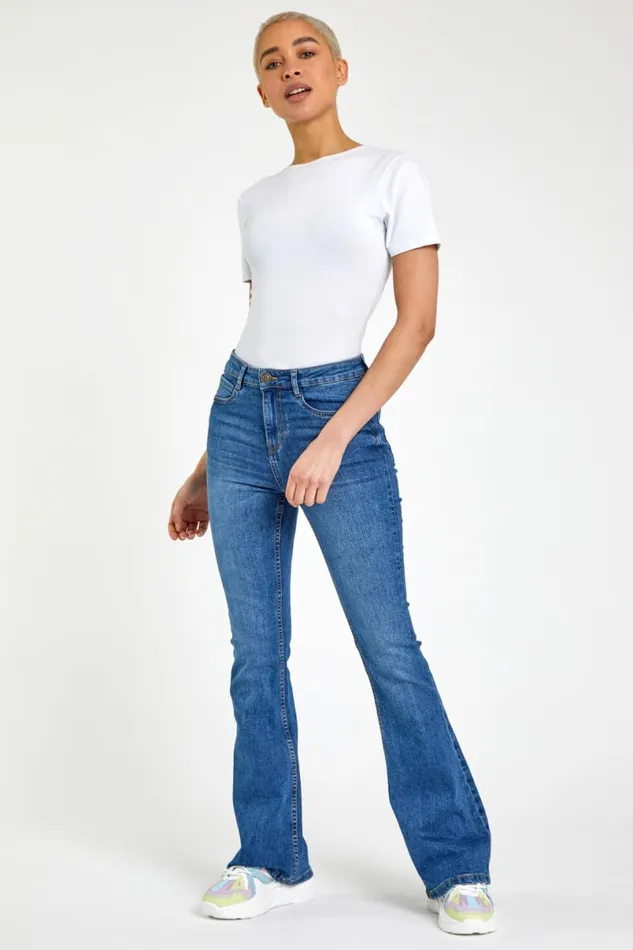 Blue Flared High Waist Cotton Jeans Women Roman Occasionwear