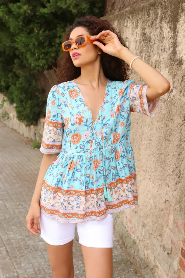 Blue Floral Border Print Tassel Detail Top Women Roman Tops