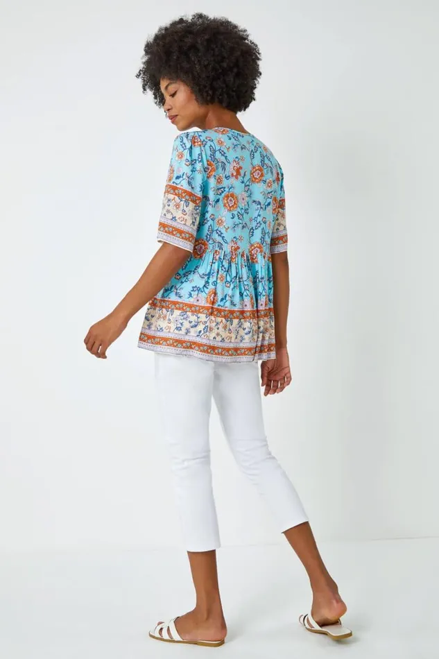 Blue Floral Border Print Tassel Detail Top Women Roman Tops