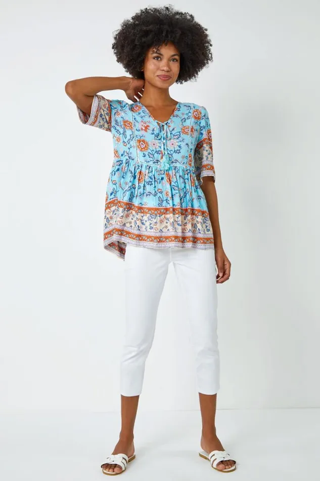Blue Floral Border Print Tassel Detail Top Women Roman Tops