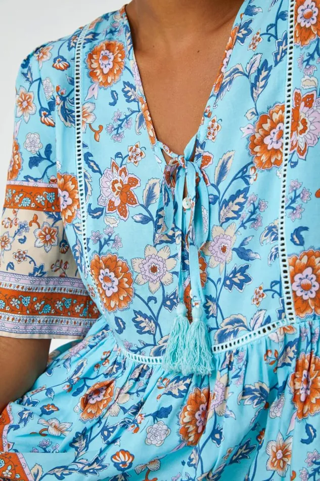 Blue Floral Border Print Tassel Detail Top Women Roman Tops