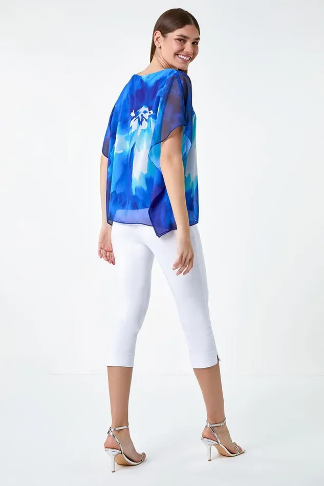 Blue Floral Print Chiffon Overlay Top Women Roman Tops